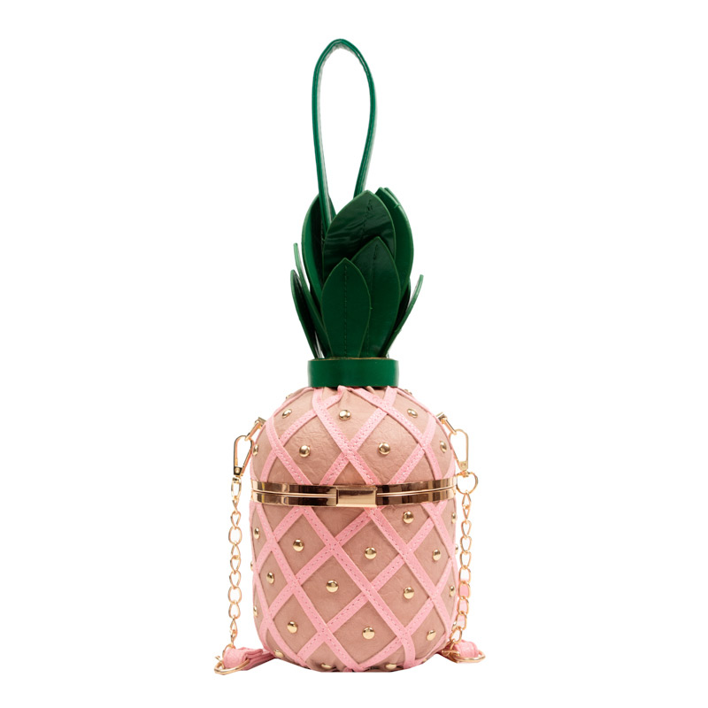 Pineapple-bag-with-chain-and-leather-strap-rivets-diamonds-pineapple-purse-crossbody-handbag-for-girls-women- (PINK)