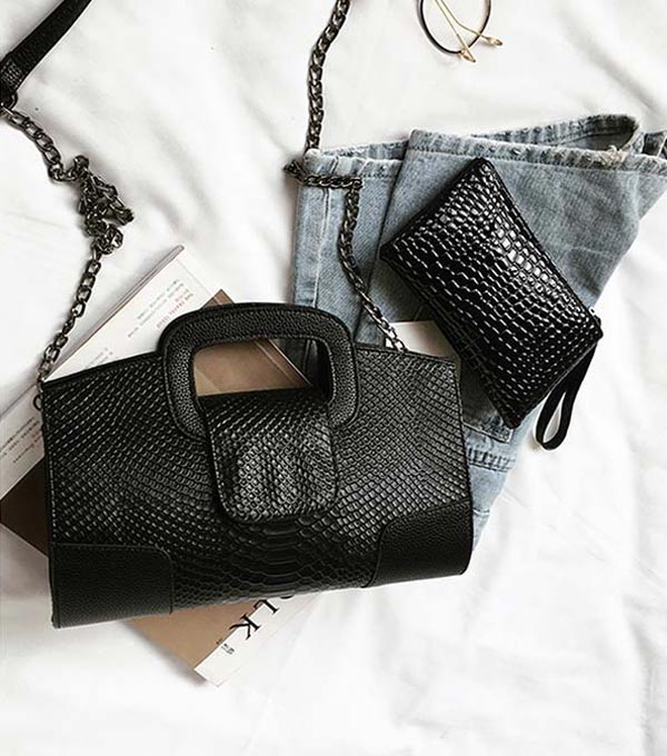 black leather clutch purse