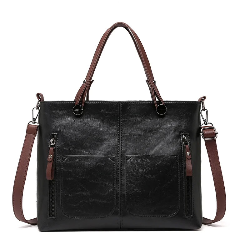 the-elegant-Womens-tote-bag-vintage-leather-purse-matte-leather-tote-Double-Pocket-top-handle-black